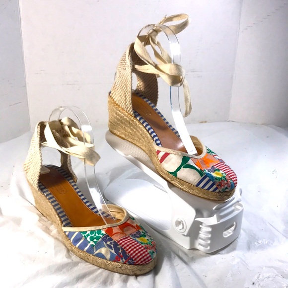 Coach Women’s Kerrie Patchwork Canvas Wedge Espadrille Ankle Tie Sandals Shoe - Picture 1 of 9